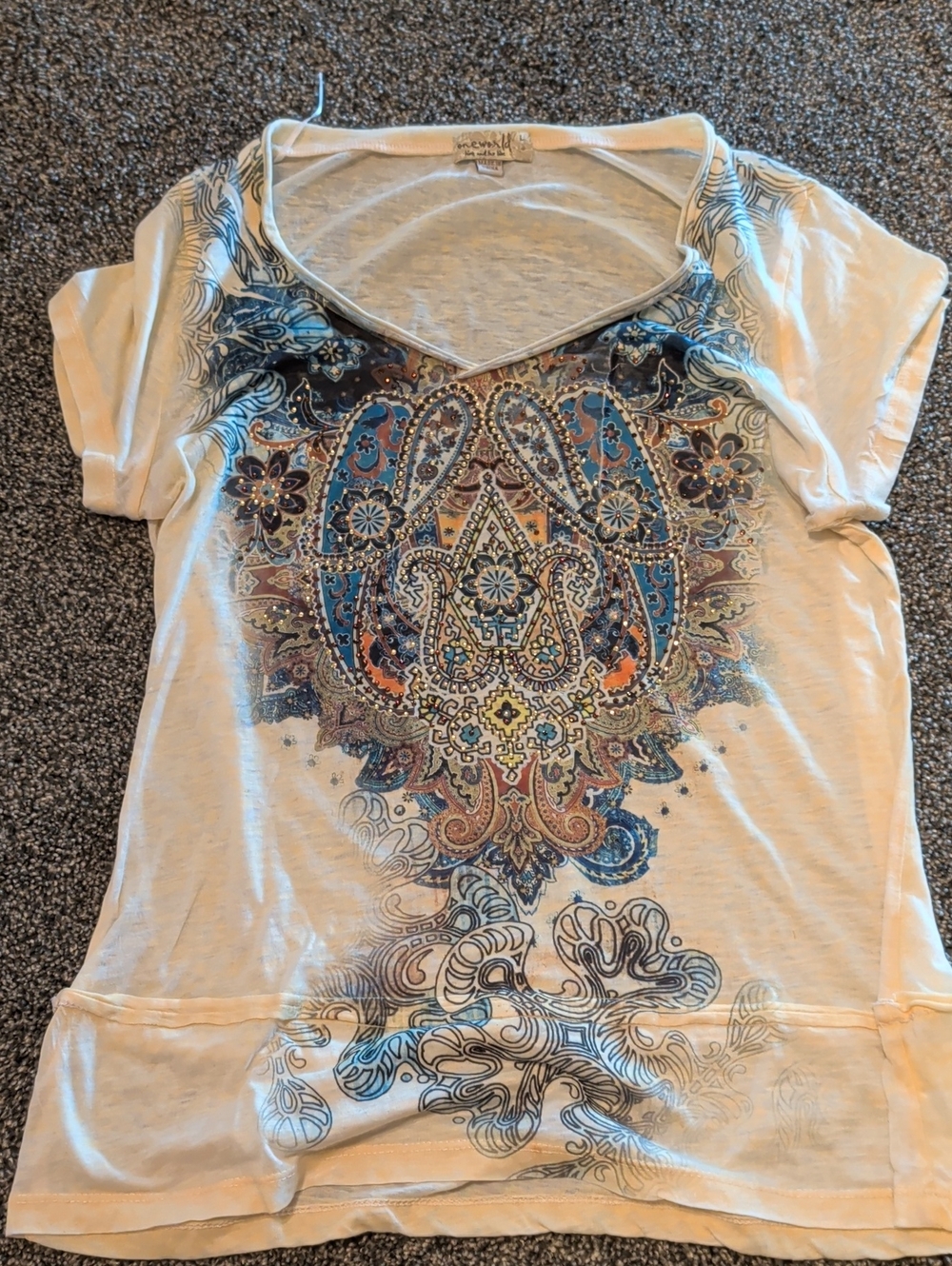 ONE WORLD Buttery Yellow V-Neck Tee with Blue & Orange Paisley Print